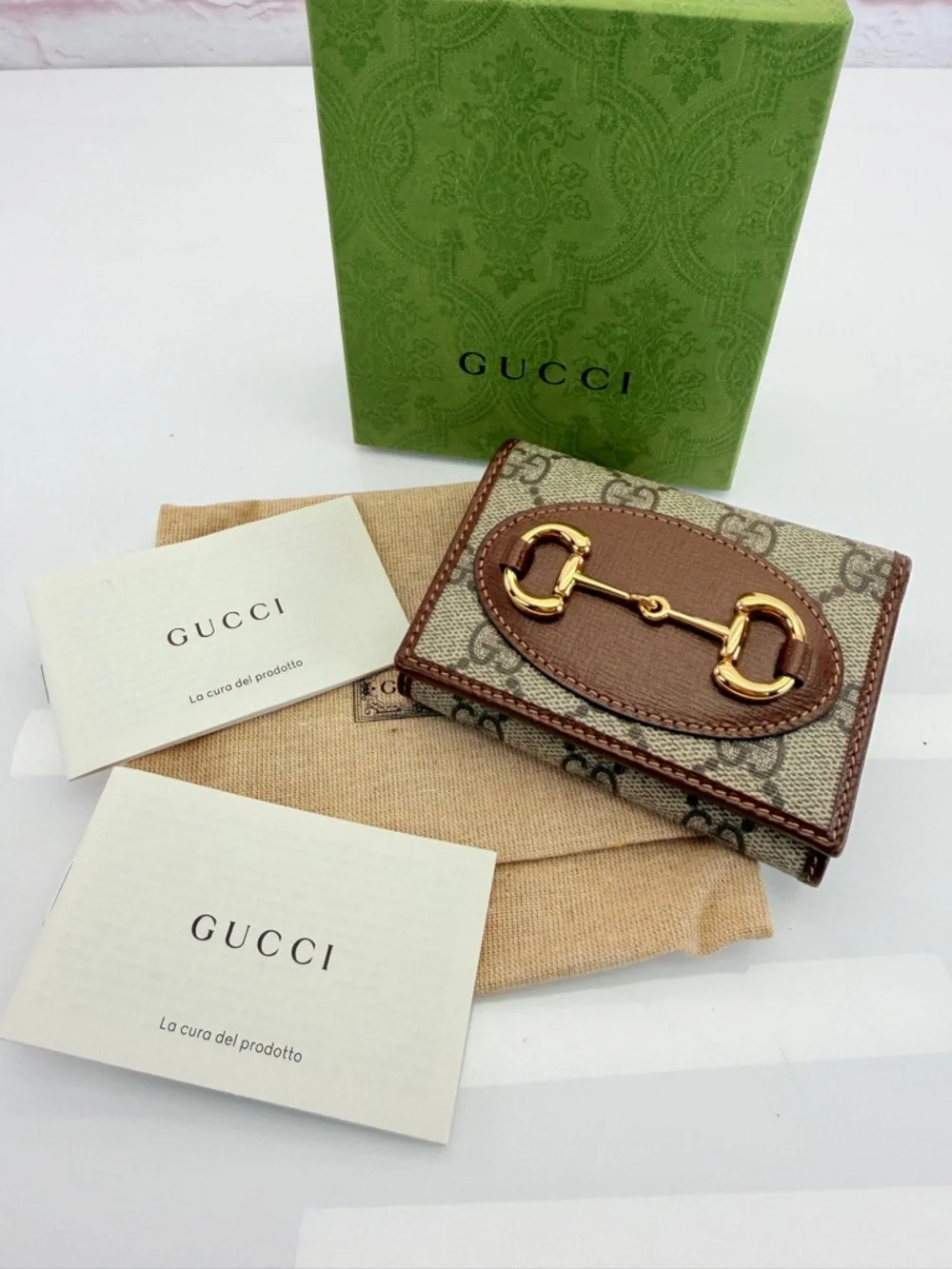 Gucci Brown GG Canvas Small Wallet with Gold Horsebit New